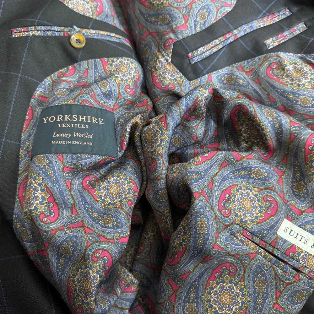 Custom Tailored 3-Piece Suit Mens 54L 50x34 Blue Windowpane Worsted Wool England